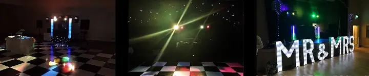 Mobile disco setup, dance floor lighting and Mr & Mrs letters at a Berkshire wedding