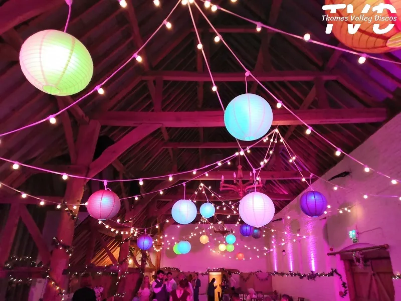 illuminated ceiling lights in a barn